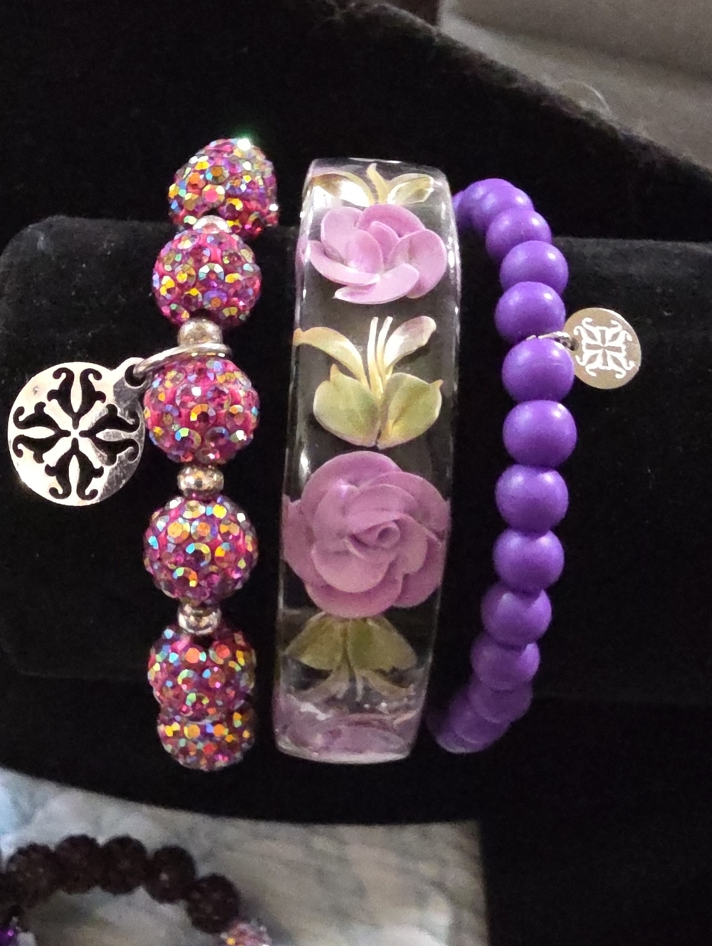 Purple Floral Resin Bangle & Matching Beaded Bracelets. Set Of 3 💜